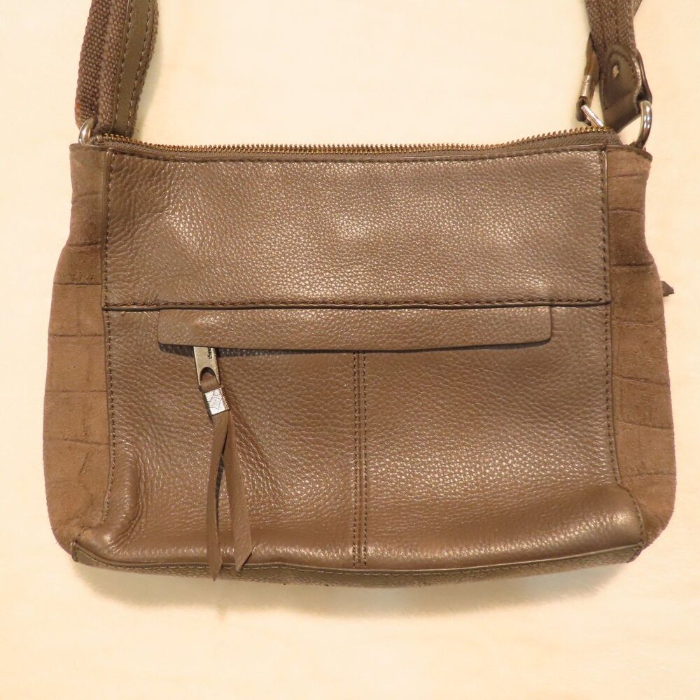The Sak Womens Leather Suede Crossbody Bag Taupe-Grey Zip Purse Pocket